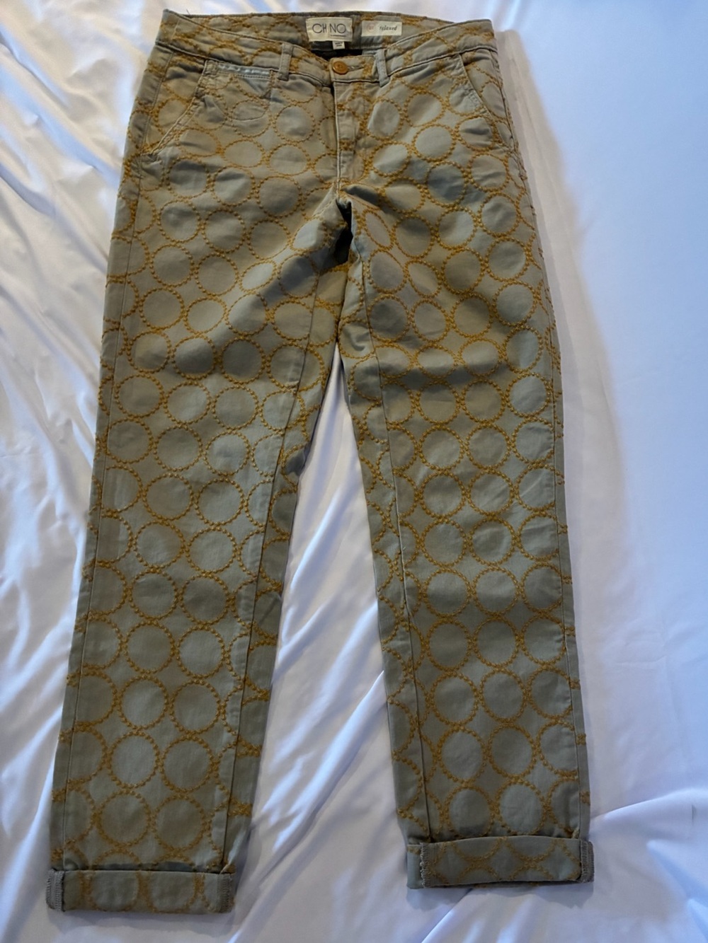 Anthropologie Olive Green Cropped Pants with Mustard Circle Stitching -Sz 27